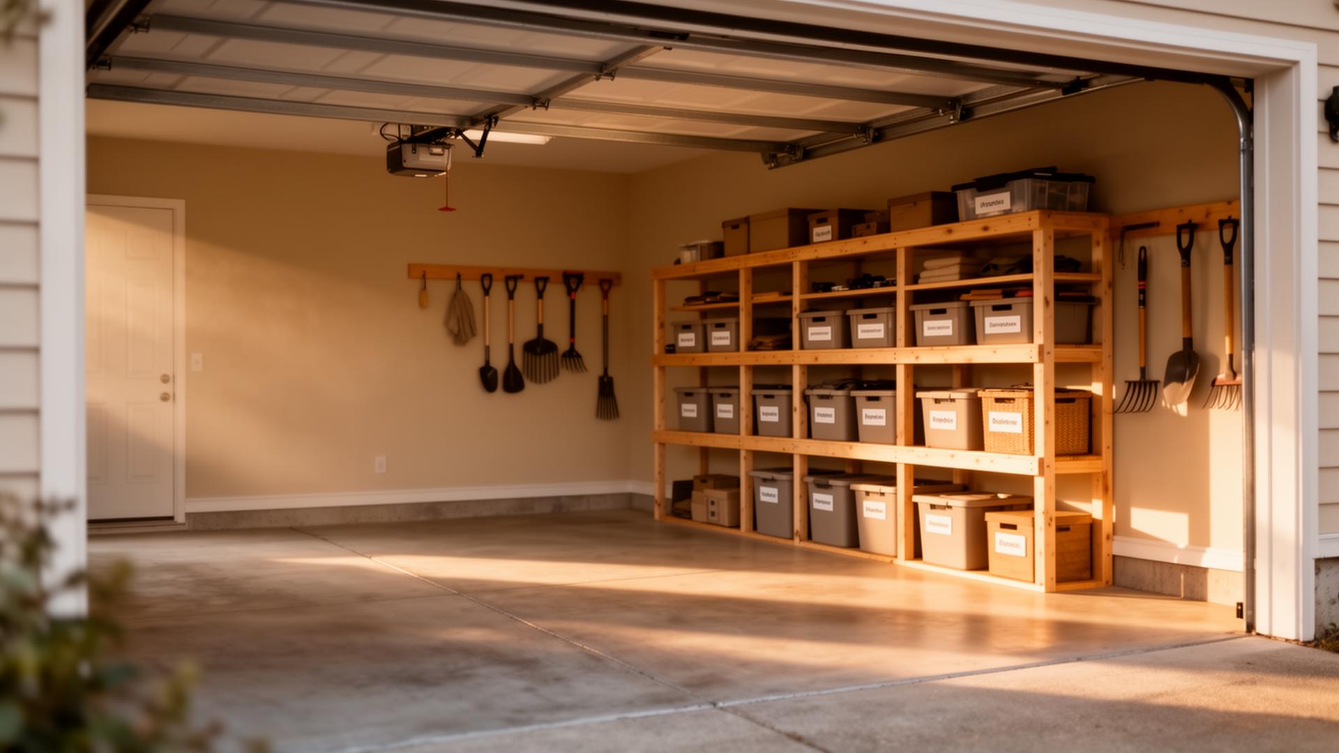 An organized residential garage in warm natural daylight